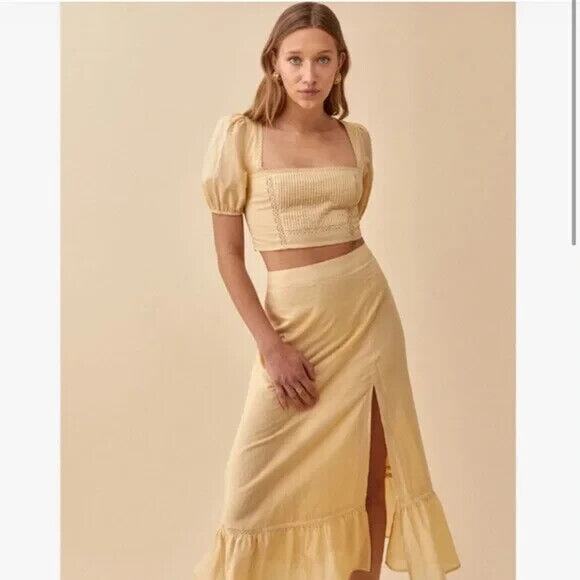 REFORMATION Cilantro Organic Cotton Two Piece Top Skirt Set In Yellow - Picture 1 of 10